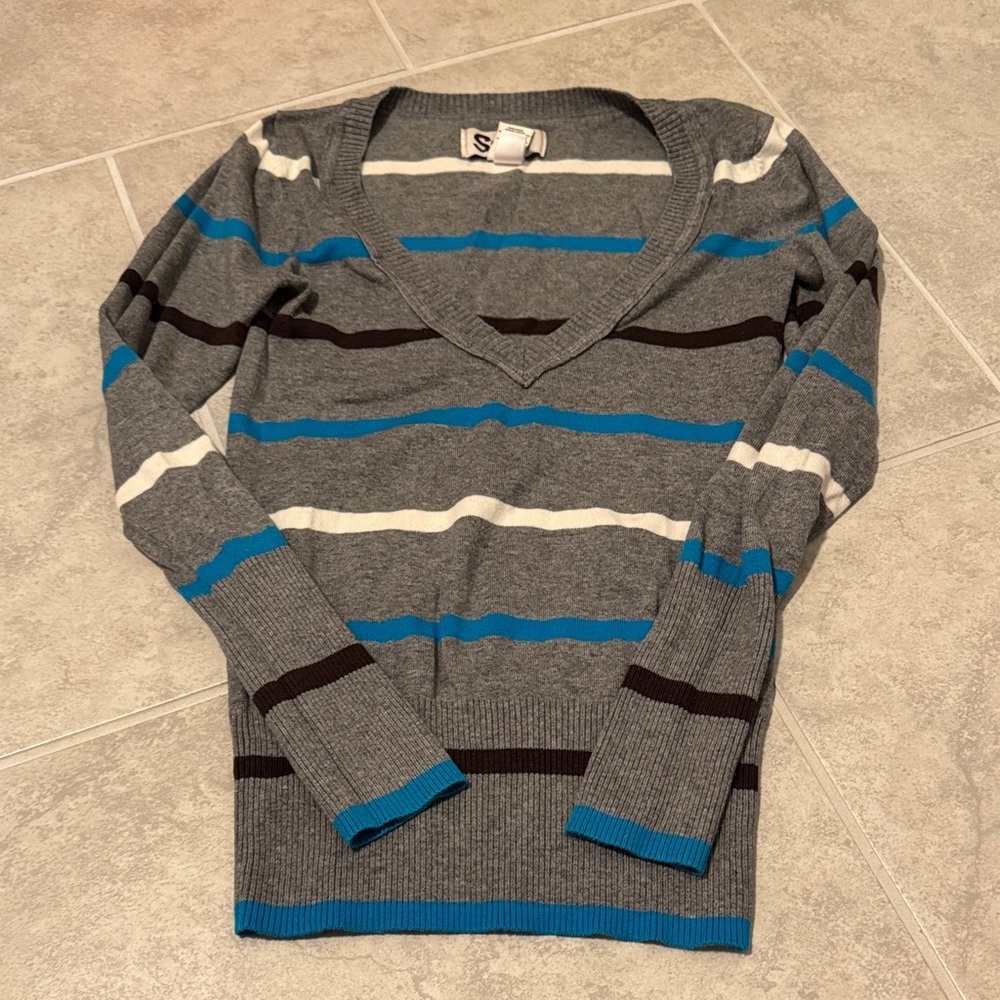 Gray Striped V-Neck Sweater